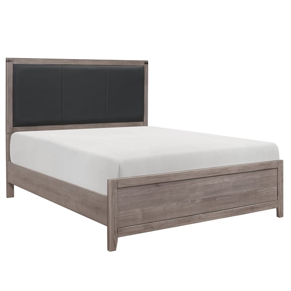 Full Size Brownish Gray Bed For Bedroom With Faux Leather Upper Part Panel Brown+gray Finish And Upholstered Head