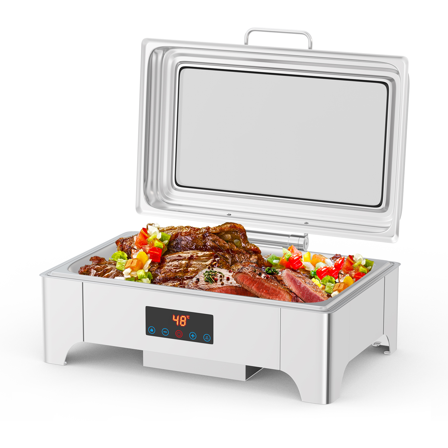 Full Size Buffet Food Warmer , 9 QT Electric Chafing Dish with Touch Screen & Glass Roll Top Lid,Stainless Steel Catering Server Set for Parties, Weddings, Events, Silver