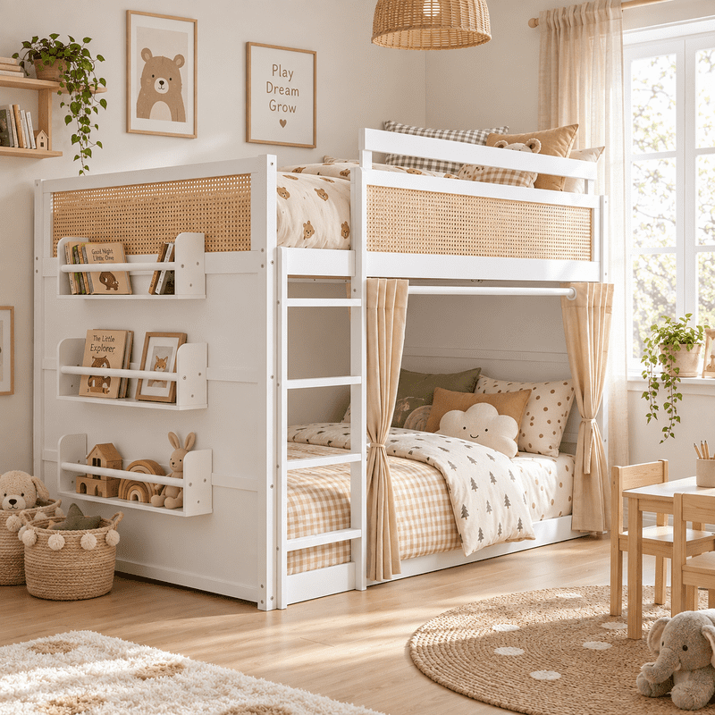 Full Size Bunk Bed with 3-Tier Storage Shelf, Rattan-Style Decor, Privacy Curtains and LED Light Strip, Modern Wood Full Over Full Bunk Bed Frame for Kids Teens