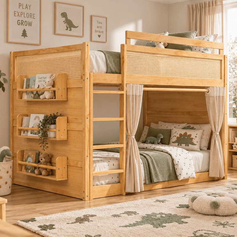 Full Size Bunk Bed with 3-Tier Storage Shelf, Rattan-Style Decor, Privacy Curtains and LED Light Strip, Modern Wood Full Over Full Bunk Bed Frame for Kids Teens
