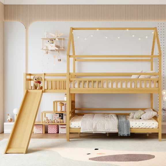 Full Size Bunk Bed Frame with Slide,House-shaped Bed Frame with Storage Stairs for Bedroom, Apartment, Mattress not included, No Spring Box Required, 2 Layout Options,Noise-free Design, Natural
