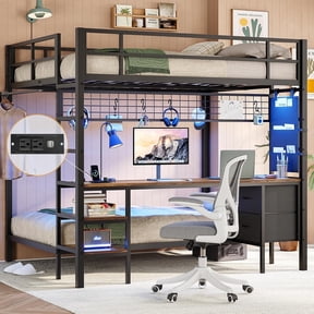 Metal Bunk Bed Full Over Twin Size for Adults, Full Over Twin Loft Bed with Desk&Charging Station&LED Lights&Drawers&Storage Shelves, No Box Spring Needed, Black