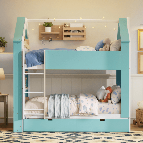 Full Size Bunk Bed with Storage Drawers & Shelves, Two-Tone White & Blue Wood, Integrated LED Light Strip