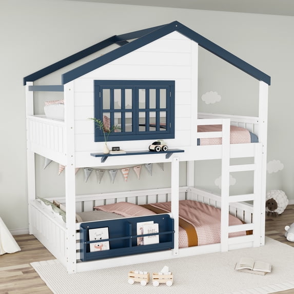 Full Size Bunk Bed with Window and Bookshelf, Wooden House Floor Bunk Bed with Fence and Ladder, Space Saving Design, No Box Spring Needed, Blue