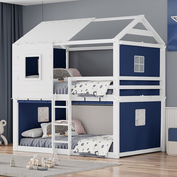 Full Size Bunk Wood House Bed with Tent, Blue+White(OLD SKU:LT000380AAC)