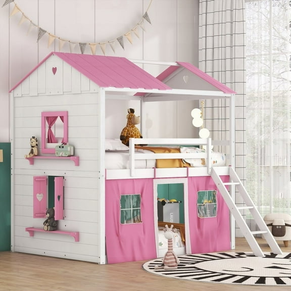 Full Size Bunk Wood House Bed with Windows & Tent | Sturdy & Fun