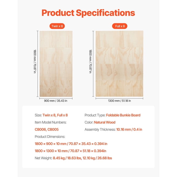 Full Size Bunkie Board,0.4 in Foldable Bed Board Slats with Connection,Wooden Mattress Support for Full Size Bed,Support under Mattress Boards,Ready to Use,8 Piece,Burlywood