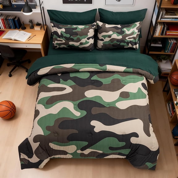 Full Size Camouflage Bedding Comforter Set with Sheets,Boys Girls Men Camo Bed in A Bag 5 Pieces,Kids Teens Dorm Bed Sets Neutral Farmhouse Cabin Army Bedspread (Amy Green, Full)