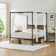 Full Size Canopy Bed Frame with Headboard, Four-Poster Platform Metal Bed Frame with Storage, Mattress Foundation with Wooden Slats Support, No Box Spring Needed, Easy Assembly, Black and Brown