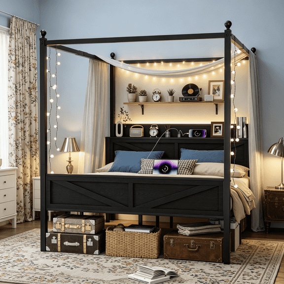 Canopy Bed Frame Queen with Storage Headboard,Farmhouse Four-Poster Bed,LED Lights & Charging Station,Under-Bed Storage Space,No Box Spring Needed,Easy Assembly