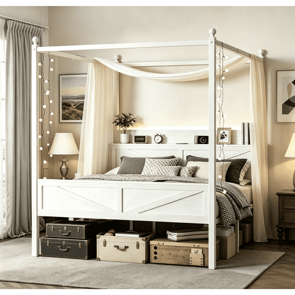 Full Size Canopy Bed Frame with LED Lights & USB Charging Station, 4-Poster Bed Frame with Storage Headboard, Noise-Free Metal Support Structure, No Box Spring Needed, Easy Assembly, Off-white