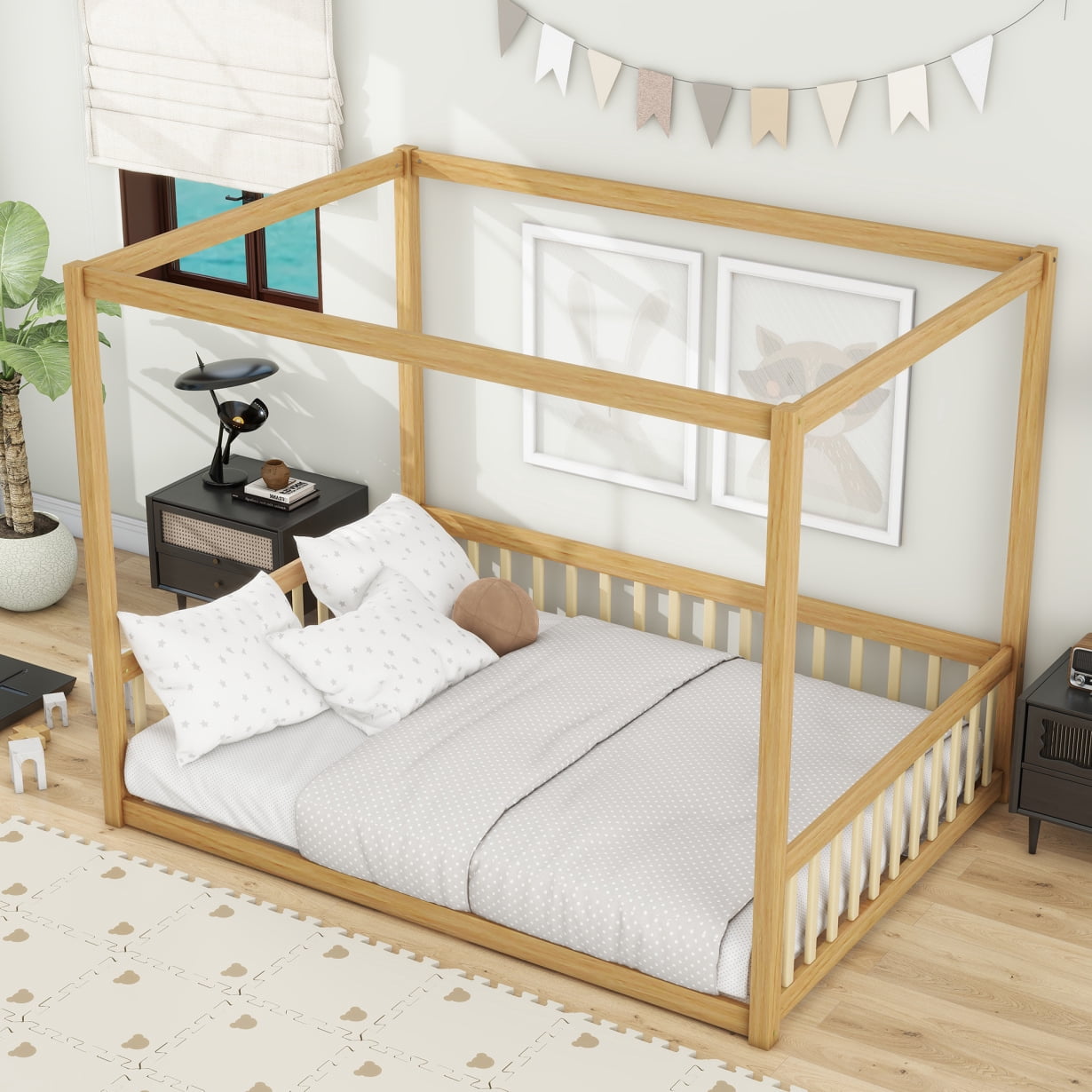 Full Size Canopy Bed Frame with Fence and Guardrails, Rubber Wood Floor Bed, Montessori Floor Bed for Boys Girls, Natural