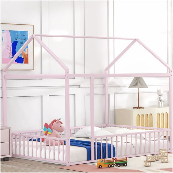 Full Size Canopy Bed Frame with Metal Roof Fence, Pink Themed Dream Space for Study and Relaxation, Easy Assembly