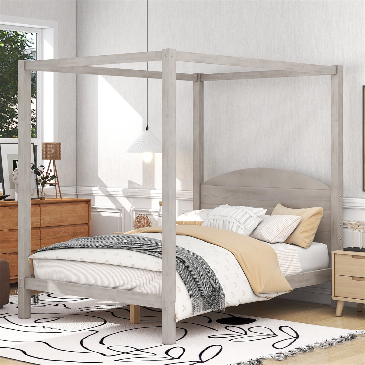 Full Size Canopy Bed with Headboard,Modern 4Post Canopy Platform Bed
