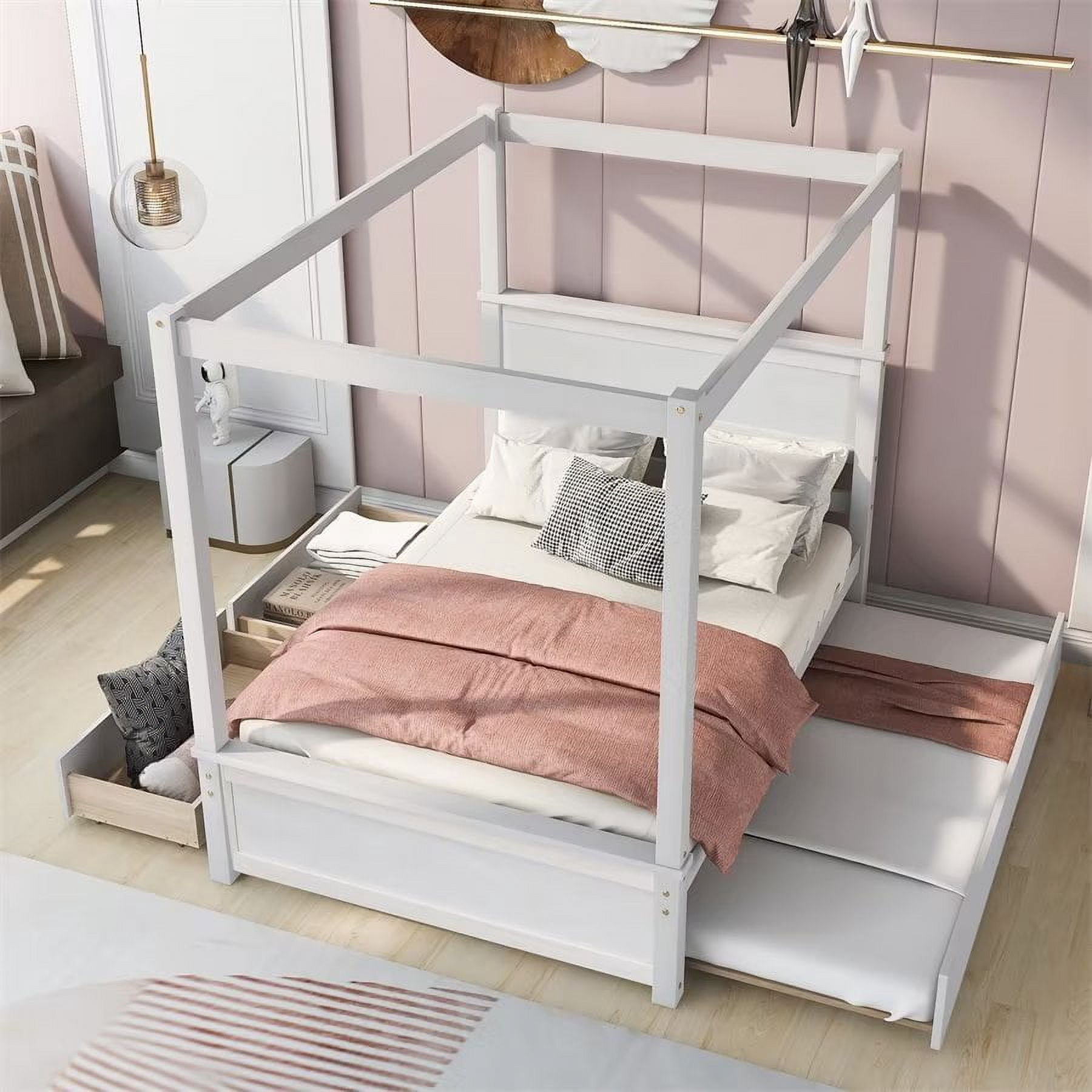 Full Size Canopy Bed with Trundle Bed and Two Drawers, Canopy Platform ...