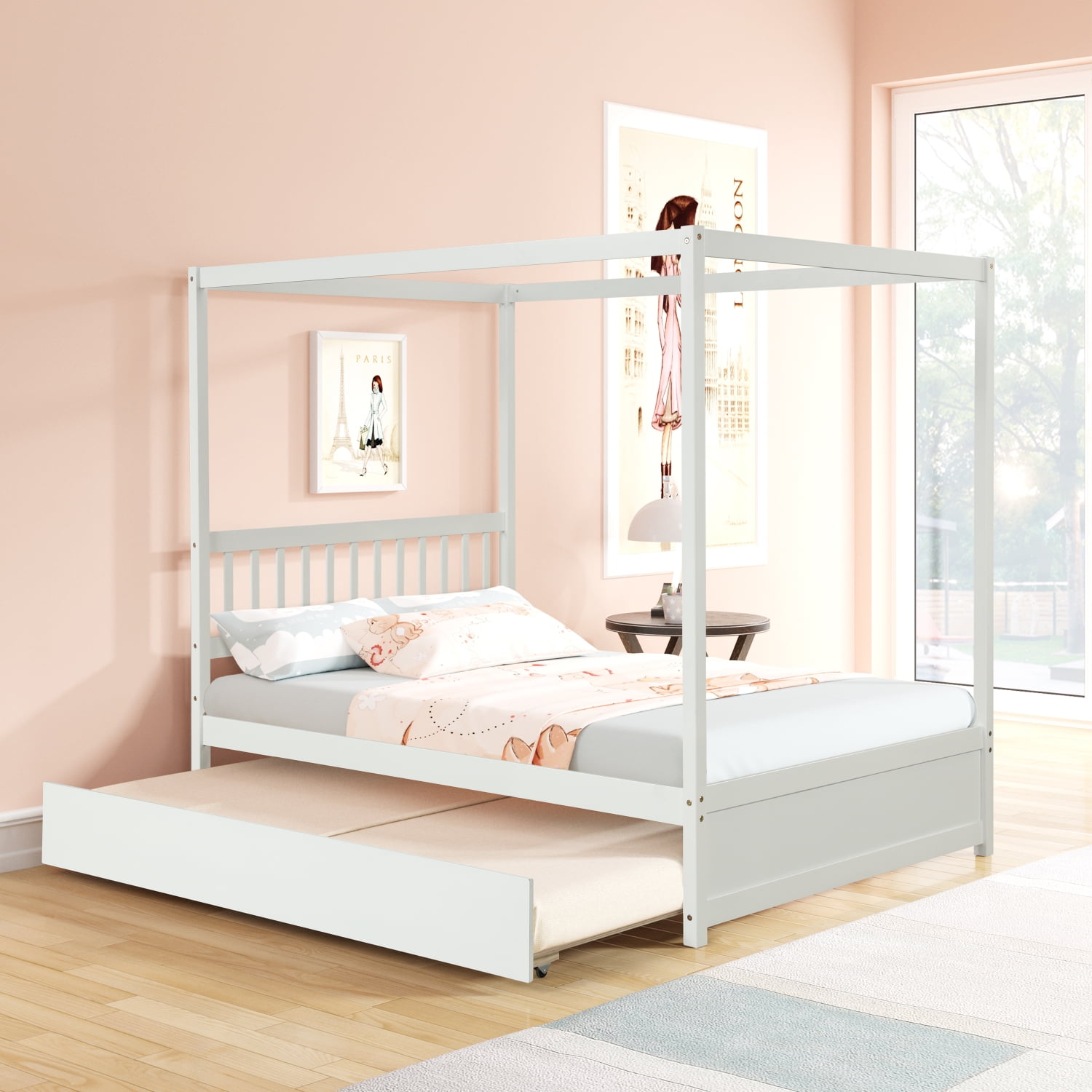 Full Size Canopy Bed with Twin Trundle Kids Solid Wood Platform Bed Frame w Headboard No Box Spring Needed White Color Walmart