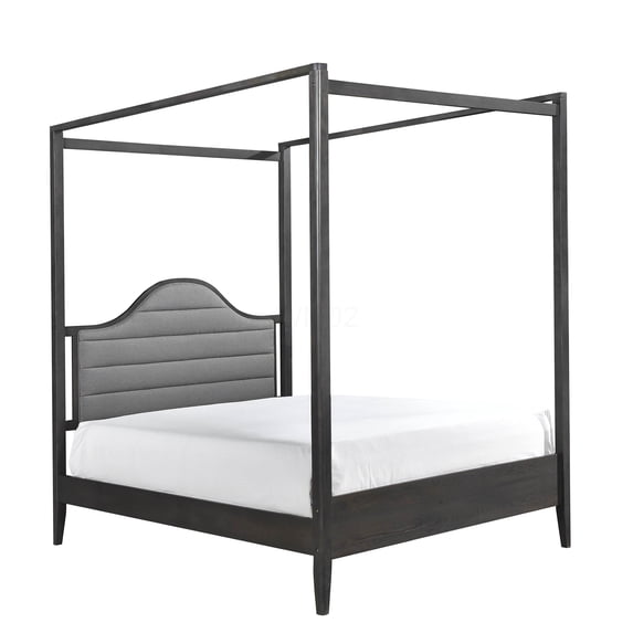 Full Size Canopy Bed with Upholstered Headboard, Brown Wood Frame Bedroom Furniture, Classic Canopy Design