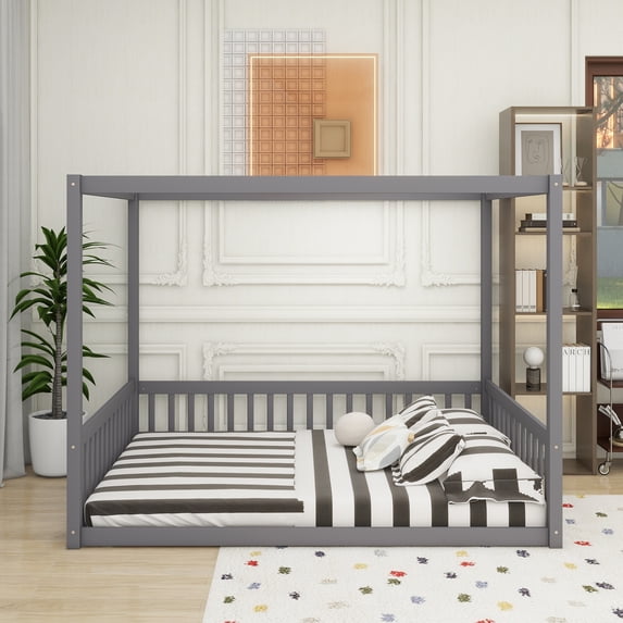 Full Size Canopy Frame Rubber Wood Floor Bed with Fence,Guardrails,Grey