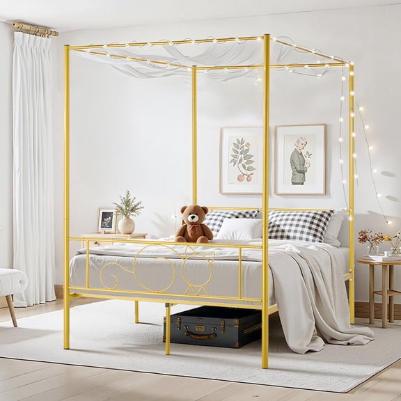 Full Size Metal Canopy Bed Frame with Upholstered Headboard, Four-Poster Design