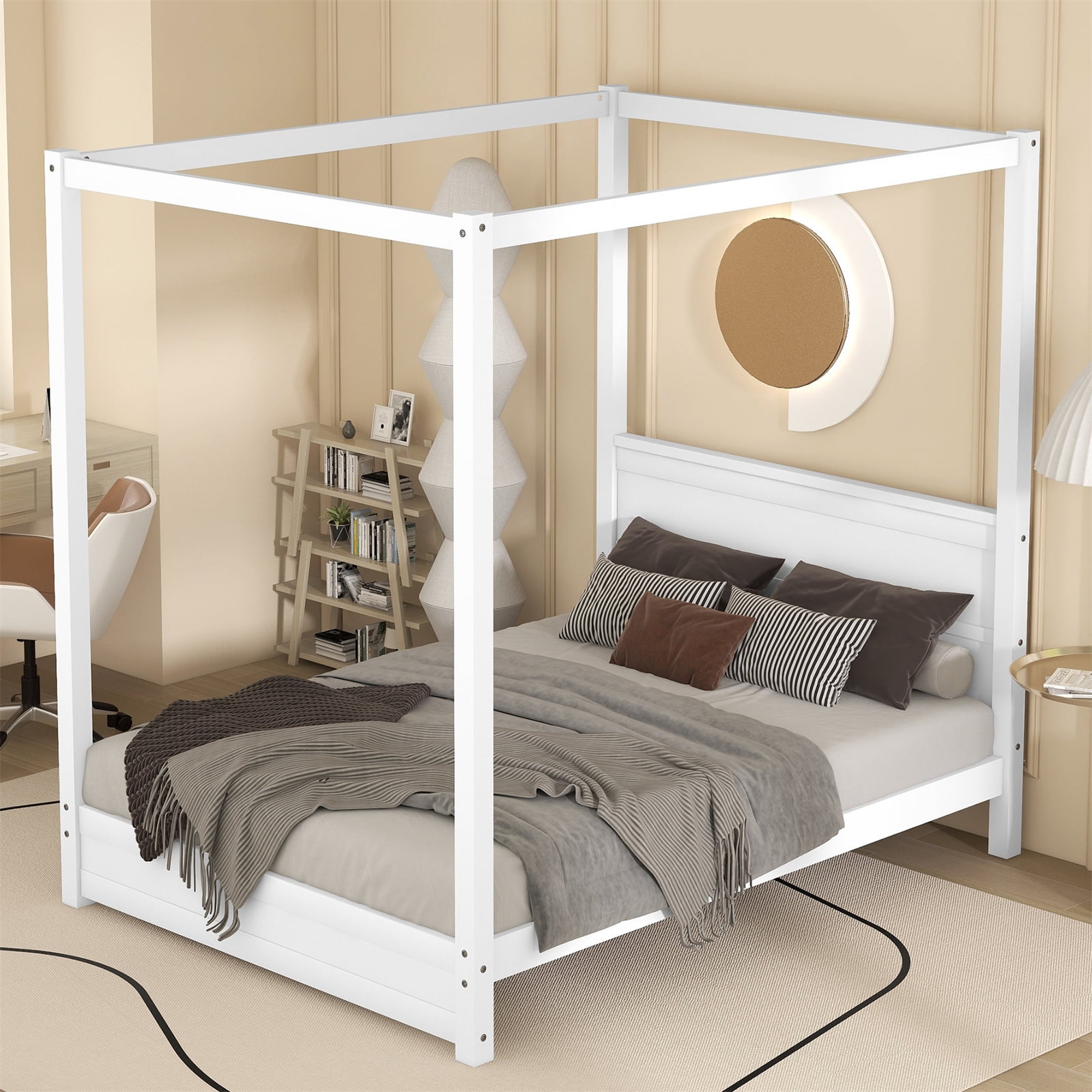 Full Size Canopy Platform Bed Frame 4 Post Canopy Platform Bed with Headboard and Center Support Legs Wooden Low Platform Bed Frame with Slats