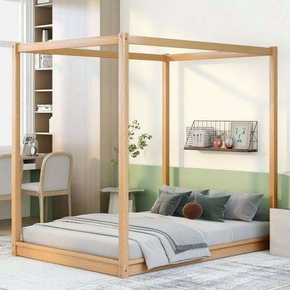 Full Size Canopy Platform Bed with Support Legs, Four Corner Bed Mosquito Net Frame Bracket Fit for Wood Bed, Easy to Assemble, Natural