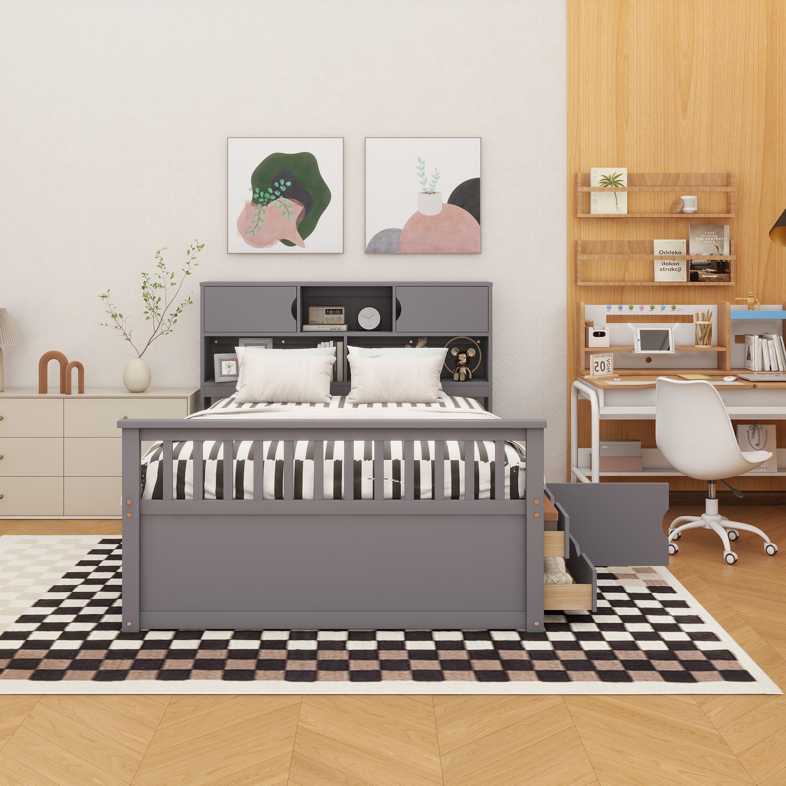 Full Size Captain Platform Bed Frame with Storage Bookcases and Shelves ...