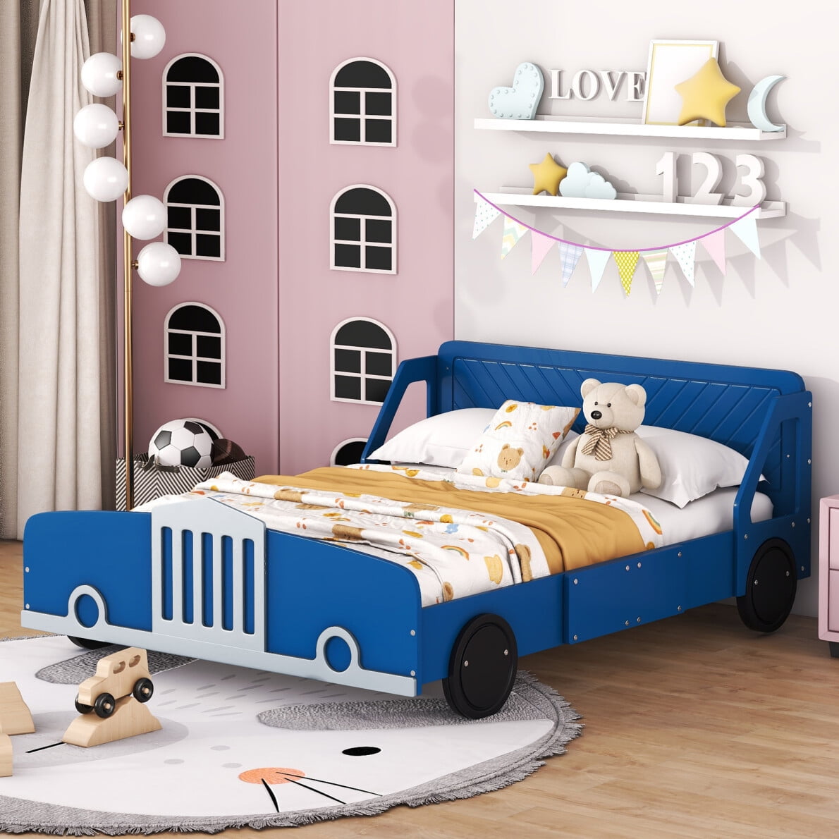 Full Size CarShaped Bed, Modern Wooden Car Platform Bed with Wheels