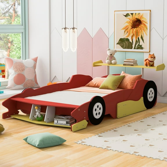 Full Size Car-Shaped Platform Bed with Wheels, Red