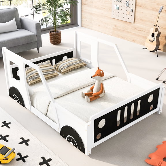 Full Size Car-shaped Platform Bed In White - Constructed With Pine Wood And For Long-term Use Classic Car Wheels, Construction