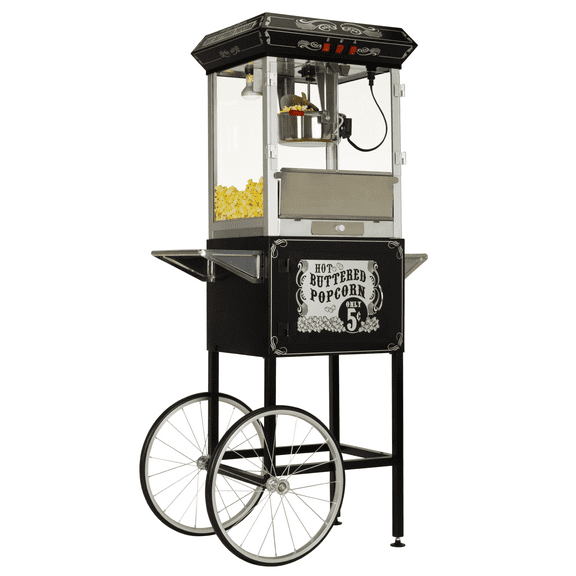Full Size Carnival Style 8 oz Popcorn Maker Machine with cart, Black and Silver
