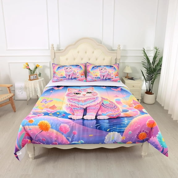 Full Size Cat Comforter Set with Rainbow Exotic Design, Soft Microfiber Bedding for Kids Teens Girls Boys