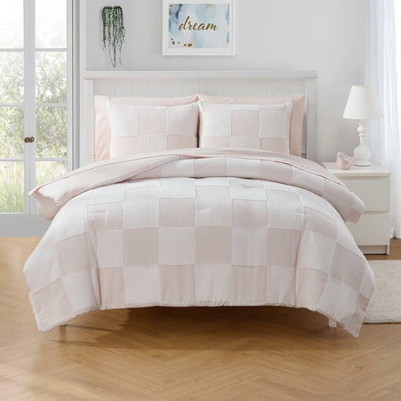 Full Size Chenille Checkered Bed in a Bag Comforter & Sheet Set, 7-Piece All-Season Bedding Set