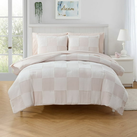 Full Size Chenille Checkered Bed in a Bag Comforter & Sheet Set, 7-Piece All-Season Bedding Set