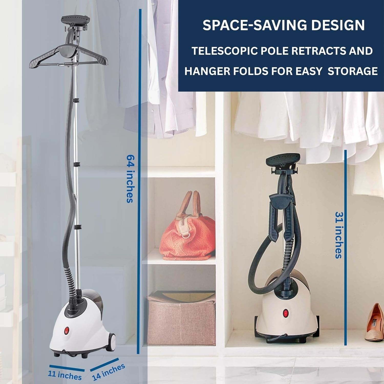 Full-Size Clothes Steamer - 1500W Power, 1.8L Water Tank, 60-Min Garment Steam, Iron Clothing, Adjustable Pole & Wheels for Easy Storage, Professional Standing Steamer for Clothes, White