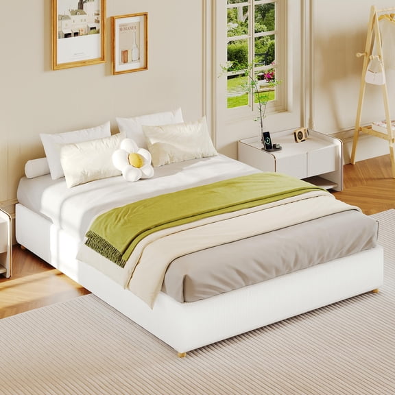 Full Size Cloud Bed FrameCorduroy Low Bed Frame Without Headboard, Thick Fabric Upholstered Platform Bed, Solid Wood Legs, No Box Spring Needed, Never Squeak, Easy Assembly, White
