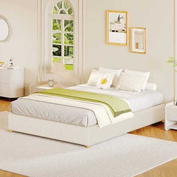 Full Size Cloud Bed FrameTeddy Fleece Low Bed Frame Without Headboard, Thick Fabric Upholstered Platform Bed, Solid Wood Legs, No Box Spring Needed, Never Squeak, Easy Assembly, Cream