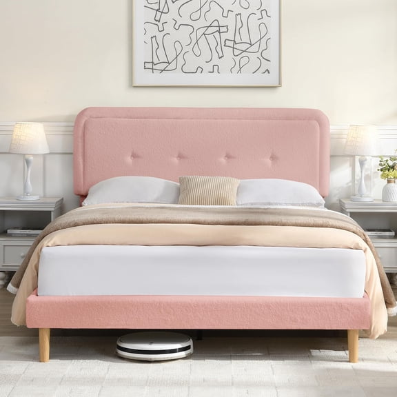 Full Size Cloud Bed Frame with Adjustable Upholstered Headboard, Modern Soft Full Platform Bed with Boucle Fabric,No Box Spring Needed, Pink