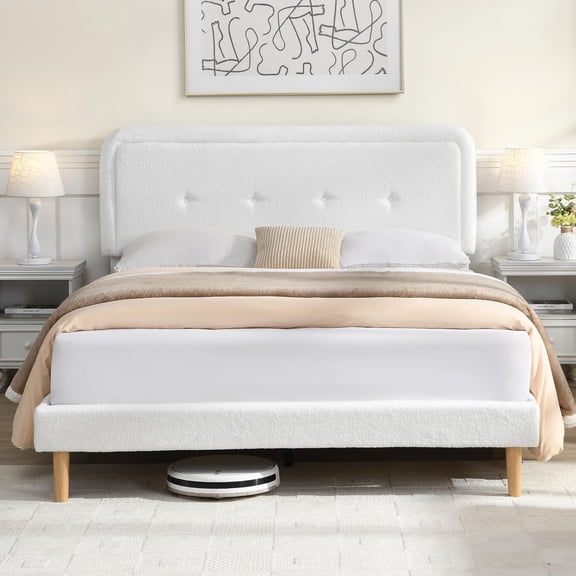 Full Size Cloud Bed Frame with Adjustable Upholstered Headboard, Soft Boucle Upholstered Platform Bed Frame, Easy Assembly, 3 Adjustable Height