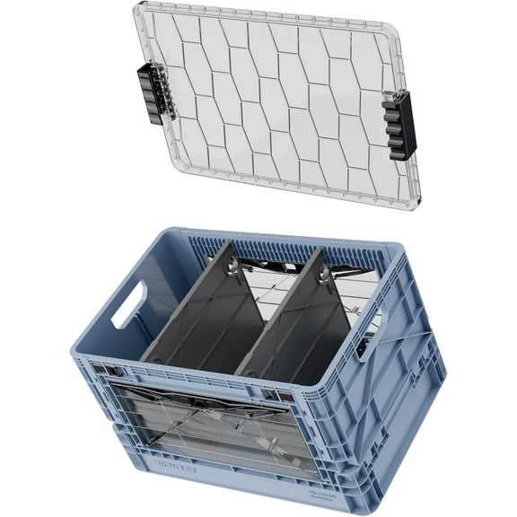 Full-Size Collapsible Crate - Heavy Duty Stackable Storage Bin with Lid & 2 Short-Ways Dividers, Durable Plastic Organizer for Home, Office, Garage & Outdoor Use (Navy Gray)