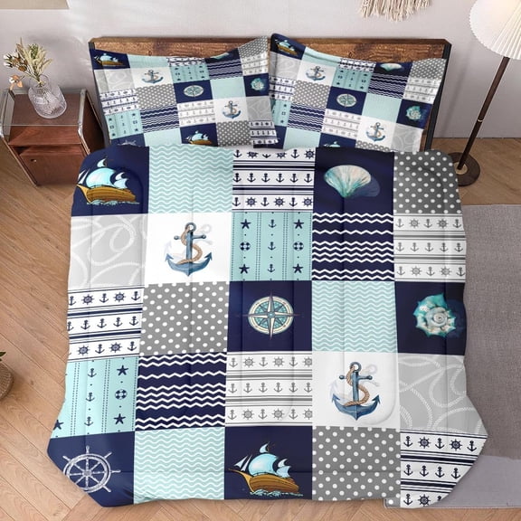 Full Size Comforter Set with 2 Pillowcases, Nautical Blue Marine Summer 3 Pcs Bedding for Kids and Adults, Sea Ocean Boat Plaid Soft Comforter Set for Bedroom Bed Decor
