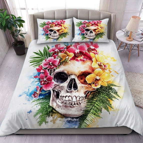 Full Size Comforter Set with 2 Pillowcases, Skull with Flower - 3 Pcs Bedding Set for Kids and Adults, Skull with Flower Soft Comforter Set for Bedroom Bed Décor