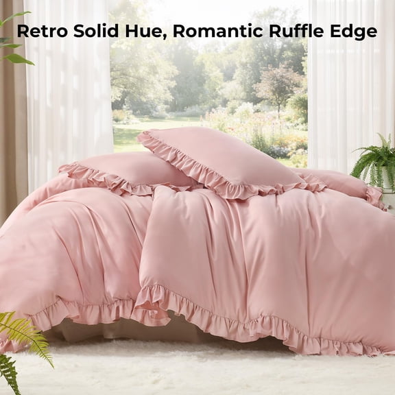 Full Size Comforter Set 3 Pieces Blush Pink Ruffle Bedding for Girls Women Lightweight Fluffy Microfiber