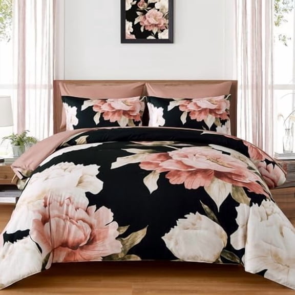 Full Size Comforter Set 7 Piece Bed in a Bag, Pink Floral Printed on Black Comforter Set with Sheets, Soft Microfiber Botanical Flower Bedding Set for All Season