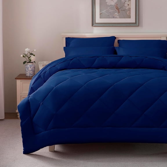 Full Size Comforter Set - 7 Pieces Navy Bed in a Bag Full, Bed Set All Seasons, Soft Bedding Sets with Dark Blue Comforter, Flat Sheet, Fitted Sheet, Pillowcases and Pillow Shams