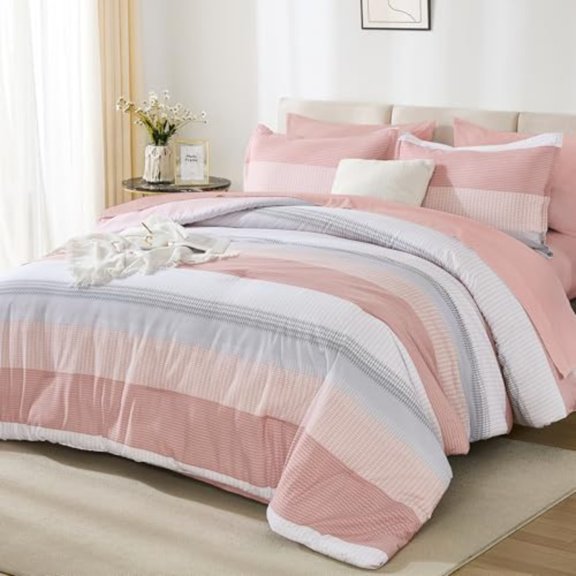 Full Size Comforter Set 7 Pieces - Pink Striped Lightweight Bed in a Bag Fully Microfiber Bedding Breathable All Season Beddding Set with Comforter Fitted Flat Sheet Pillowcases Shams