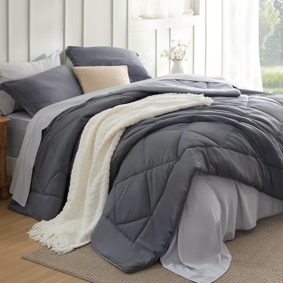 Full Size Comforter Set - 7 Pieces Reversible Dark Grey Bedding, Full Size Bed Set for All Seasons, Bed in a Bag with Down Alternative Comforter, Sheets, Pillowcases & Shams