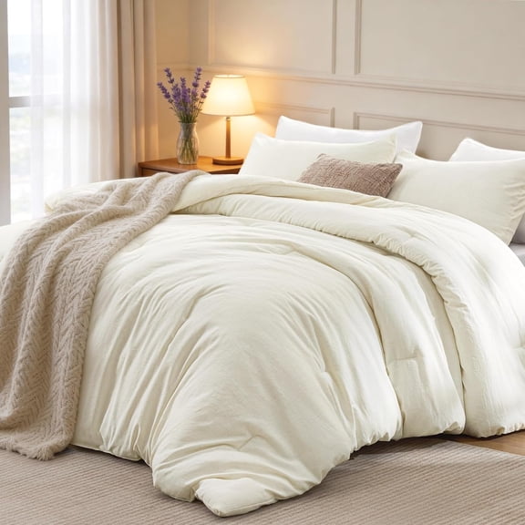 Full Size Comforter Set Beige, 3- 90% Polyester 10% Linen Blend Bedding Set, Linen-Look Textured Stripe, Down Alternative - Comforter with Pillow Shams