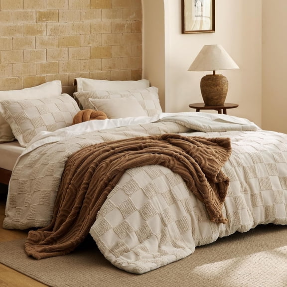 Full Size Comforter Set Beige, Boho Tufted Bed Set, Checkered Farmhouse Shabby Chic Bedding, 3 Pieces