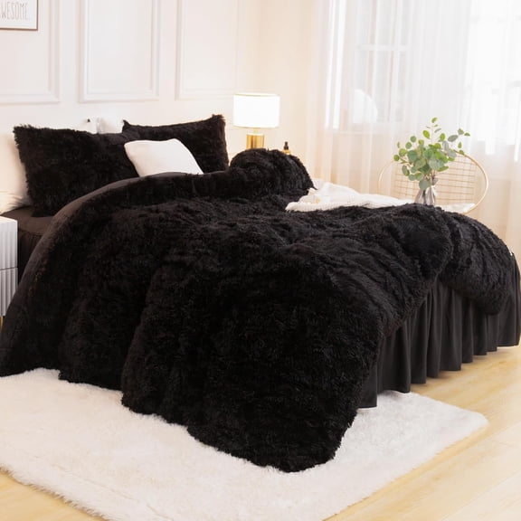 Full Size Comforter Set Black Fluffy Faux Fur Plush Bedding with 2 Pillowcases