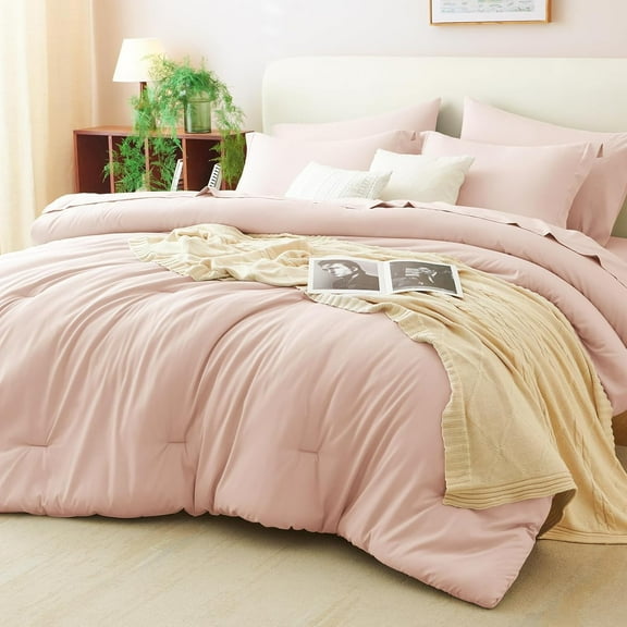 Full Size Comforter Set Blush Pink, 7 Pieces Bed in a Bag Full Comforter Set with Sheets, Bedding Set with Down Alternative Comforter, Fitted Sheets, Flat Sheets, Pillow Shams and Pillowcases